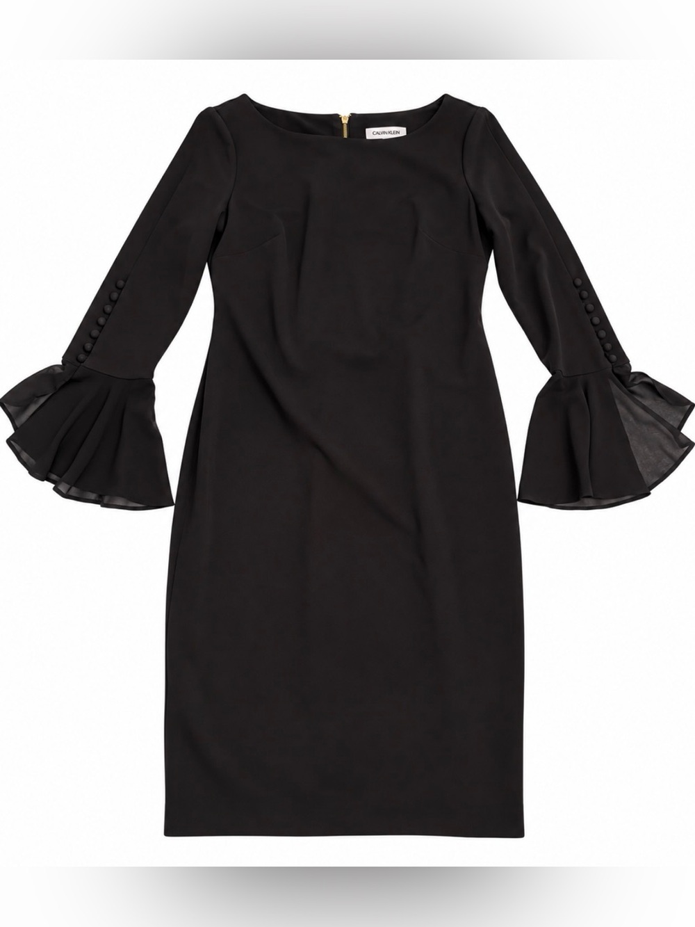 Calvin Klein Black Sheath Dress Bell Ruffle Sleeves Gold Zip
